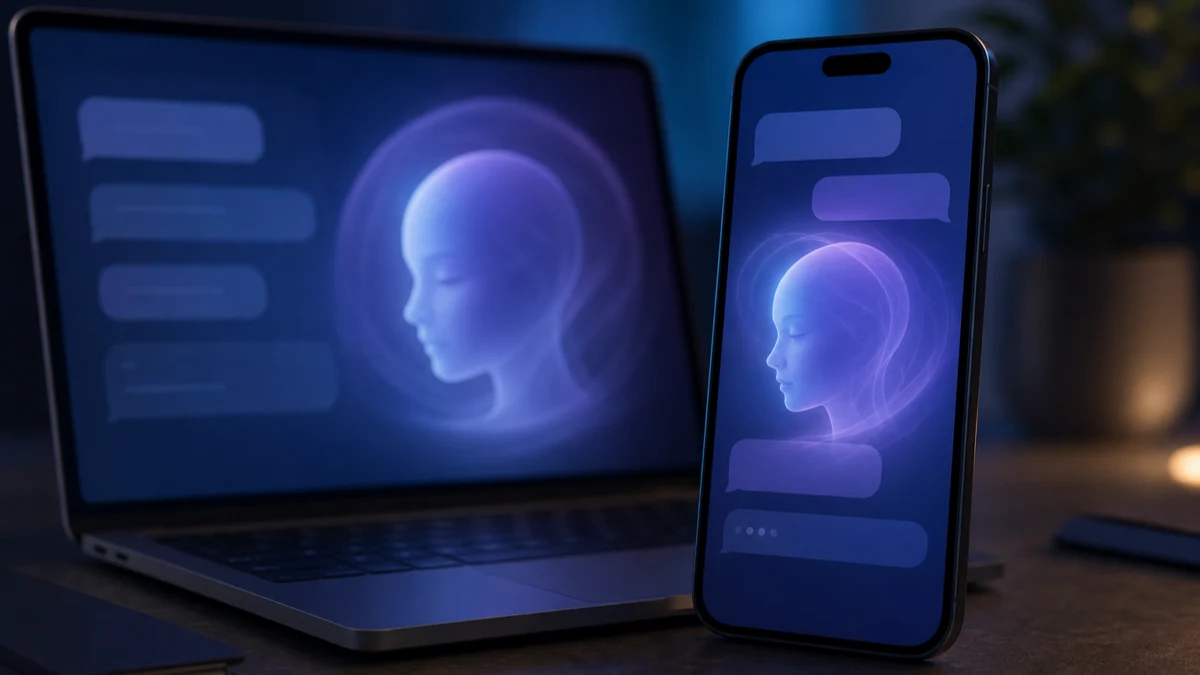 Illustration of a glowing avatar and abstract chat bubbles on two screens